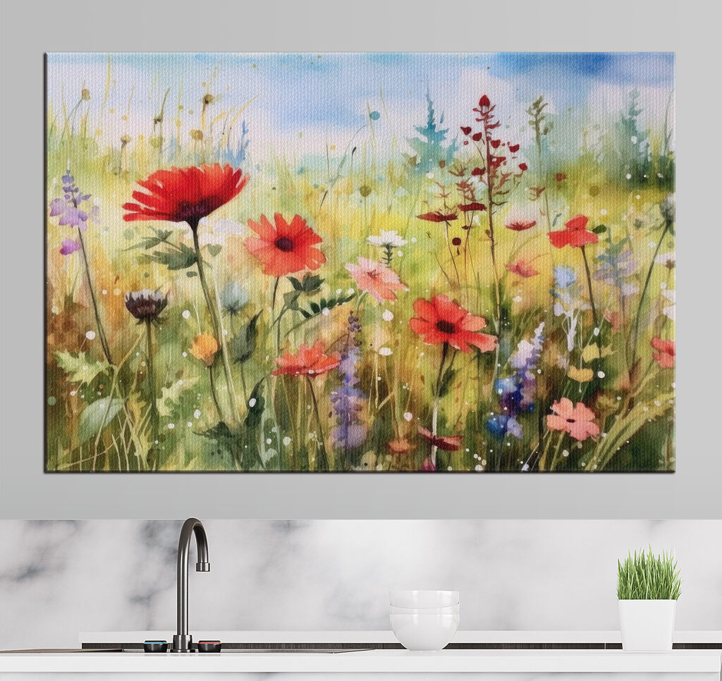 A painting of flowers in a field