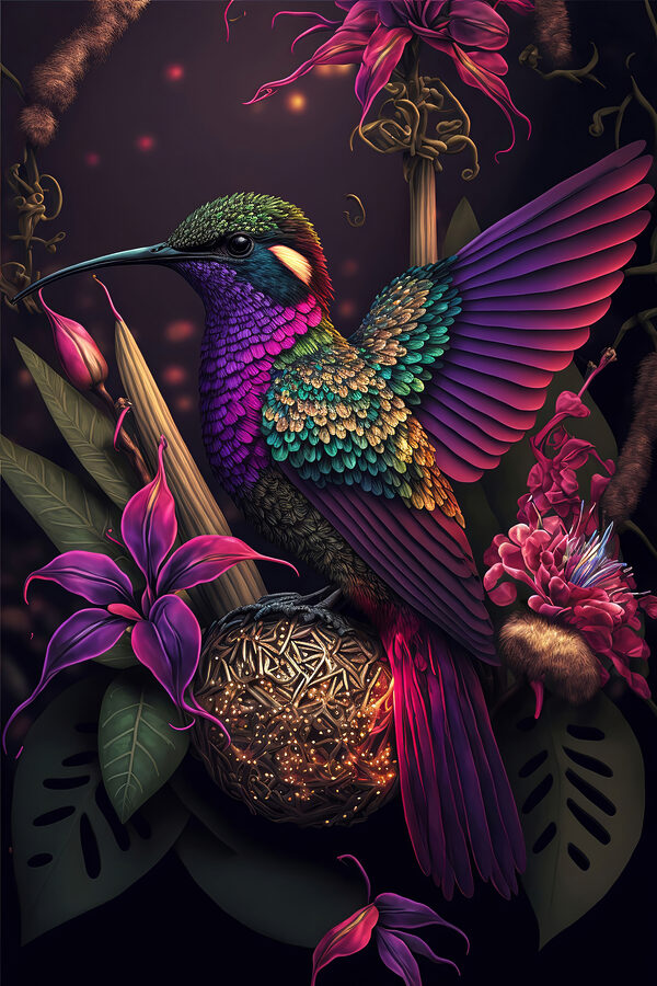 Un oiseau coloré assis sur une boule de fleurs Un oiseau coloré assis sur une boule de fleurs