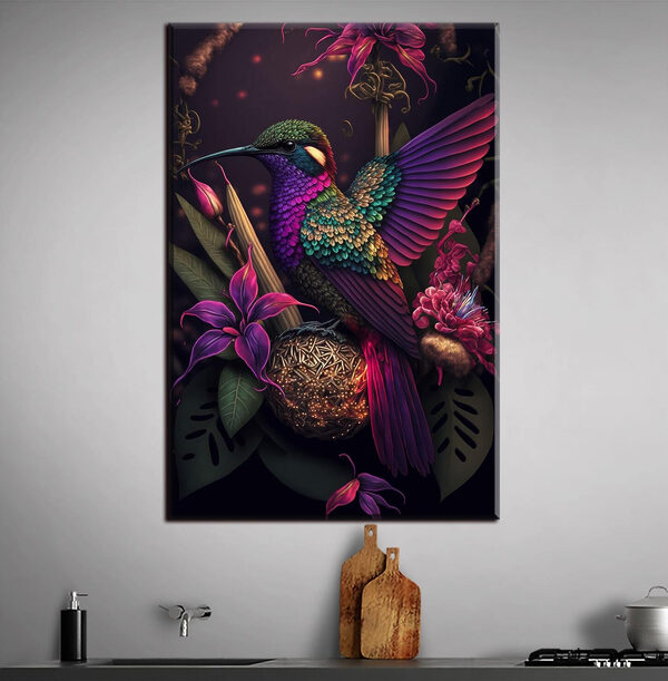 Un oiseau coloré assis sur une boule de fleurs Un oiseau coloré assis sur une boule de fleurs