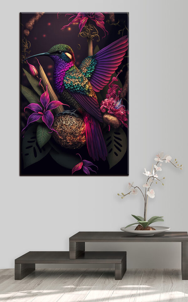 Un oiseau coloré assis sur une boule de fleurs Un oiseau coloré assis sur une boule de fleurs