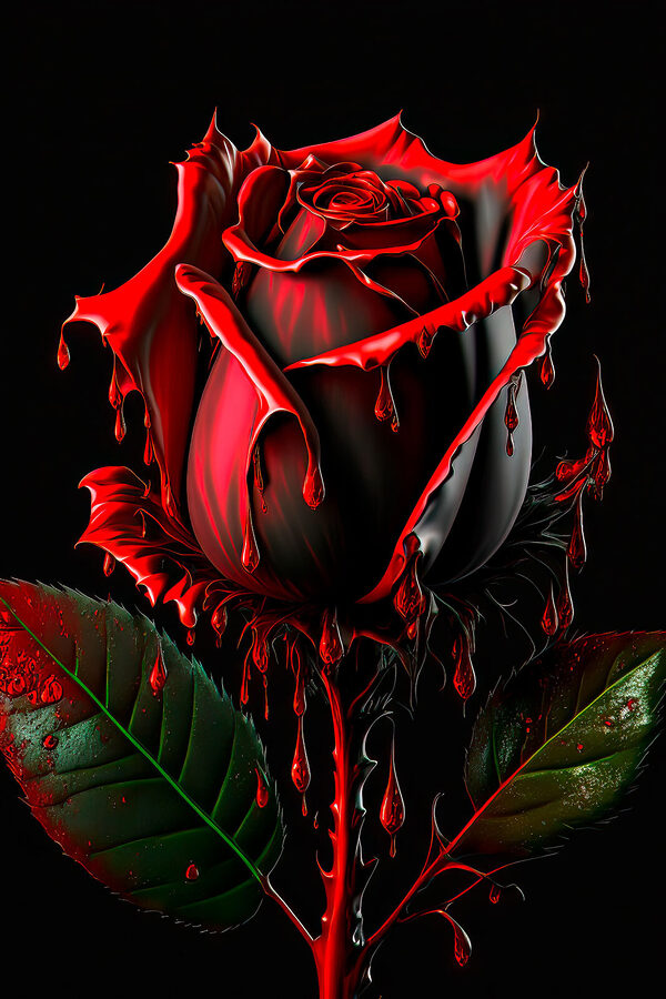 Une rose rouge avec des feuilles vertes et des gouttes de peinture rouge Une rose rouge avec des feuilles vertes et des gouttes de peinture rouge
