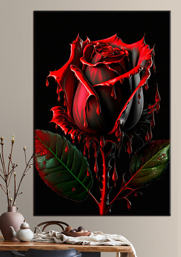 Une rose rouge avec des feuilles vertes et des gouttes de peinture rouge Une rose rouge avec des feuilles vertes et des gouttes de peinture rouge