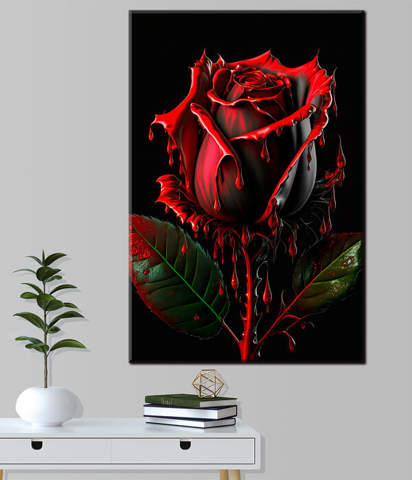 Une rose rouge avec des feuilles vertes et des gouttes de peinture rouge Une rose rouge avec des feuilles vertes et des gouttes de peinture rouge