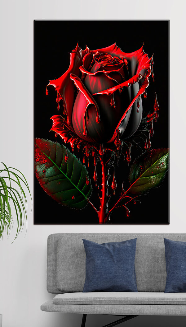 Une rose rouge avec des feuilles vertes et des gouttes de peinture rouge Une rose rouge avec des feuilles vertes et des gouttes de peinture rouge