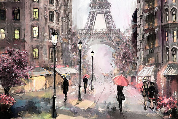 A painting of people walking with umbrellas in a city A painting of people walking with umbrellas in a city
