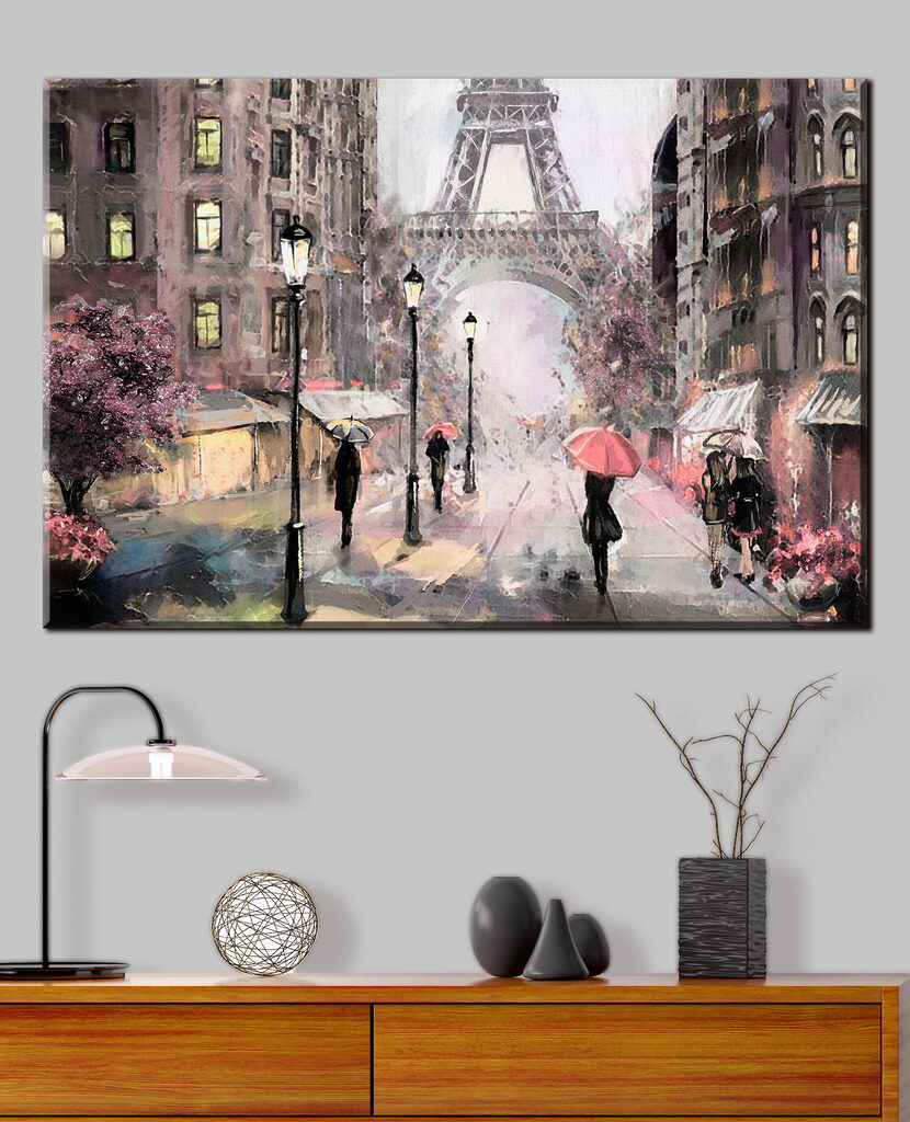 A painting of people walking with umbrellas in a city