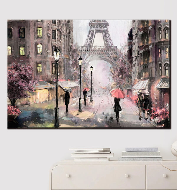 A painting of people walking with umbrellas in a city A painting of people walking with umbrellas in a city