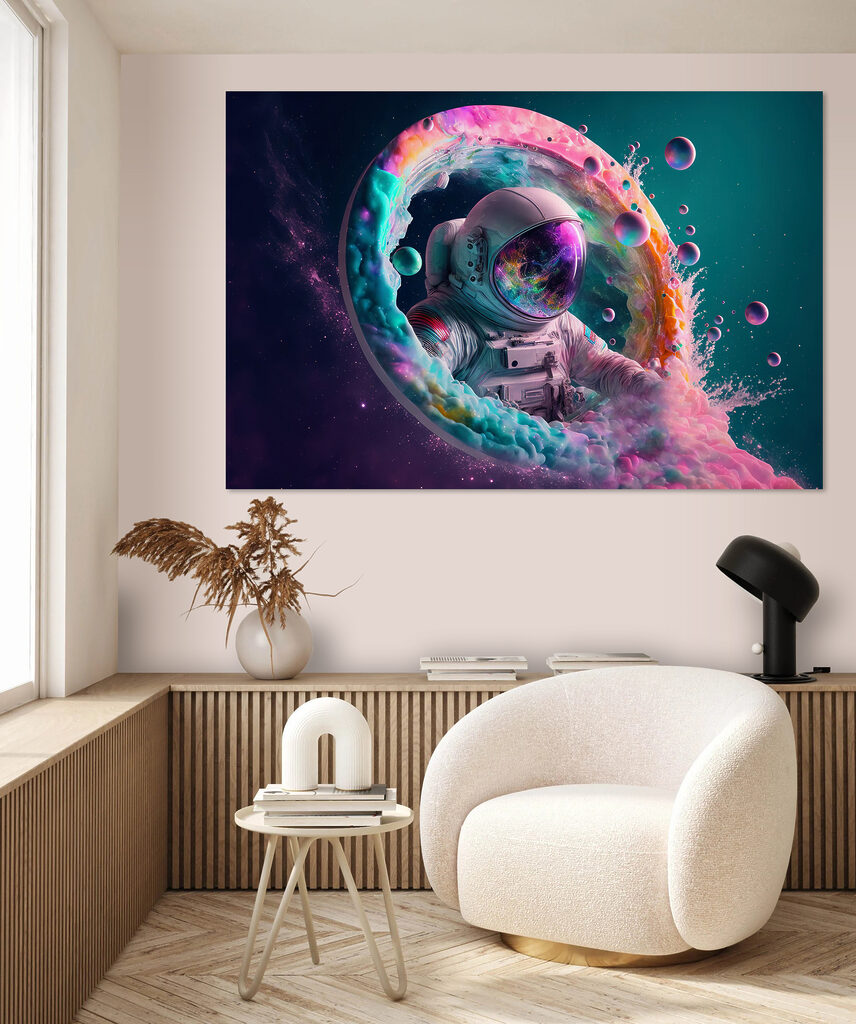 An astronaut in a colorful circle