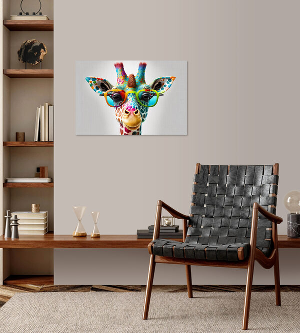 A giraffe wearing glasses