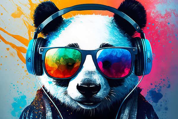 Un panda portant des écouteurs et des lunettes de soleil Un panda portant des écouteurs et des lunettes de soleil
