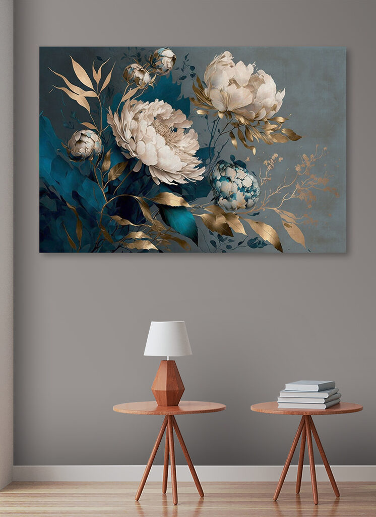 A painting of flowers and leaves