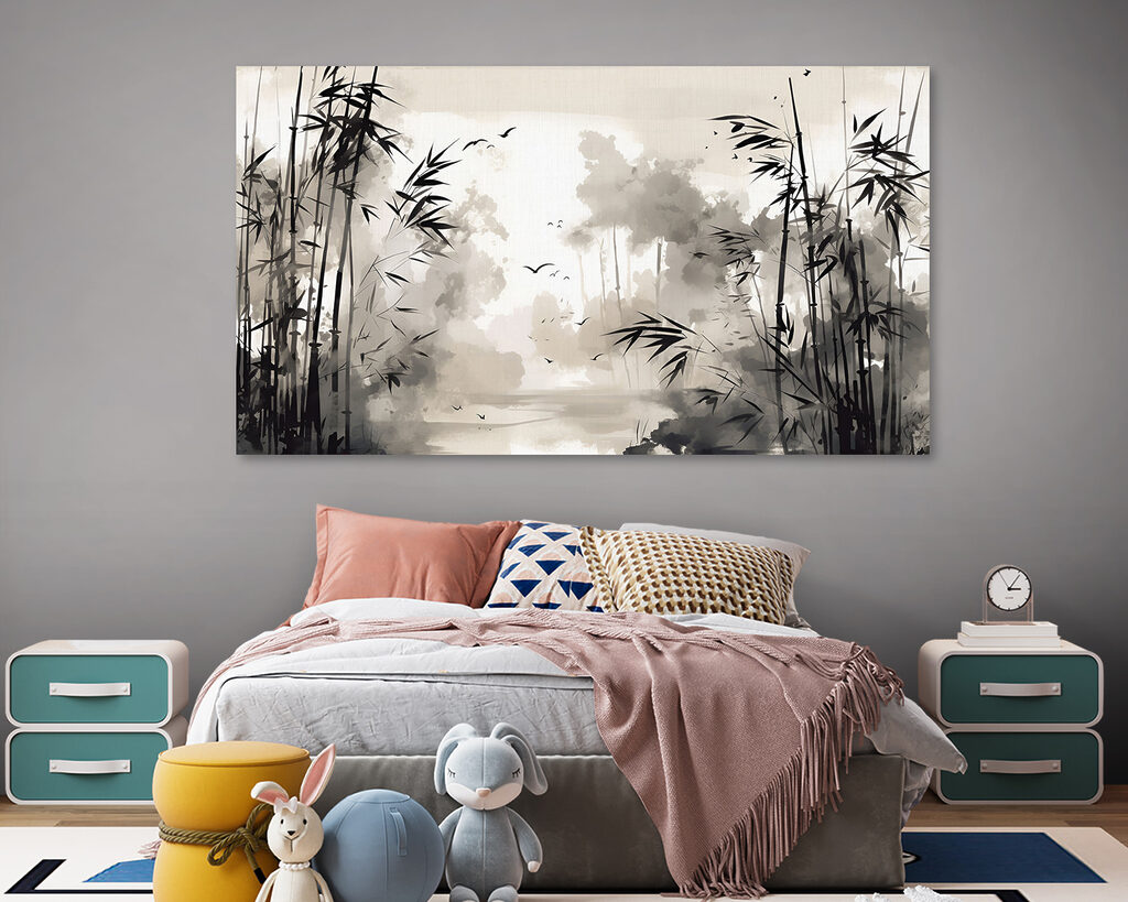 A black and white painting of trees and birds