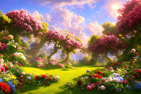 Un paysage avec des arbres et des fleurs Un paysage avec des arbres et des fleurs