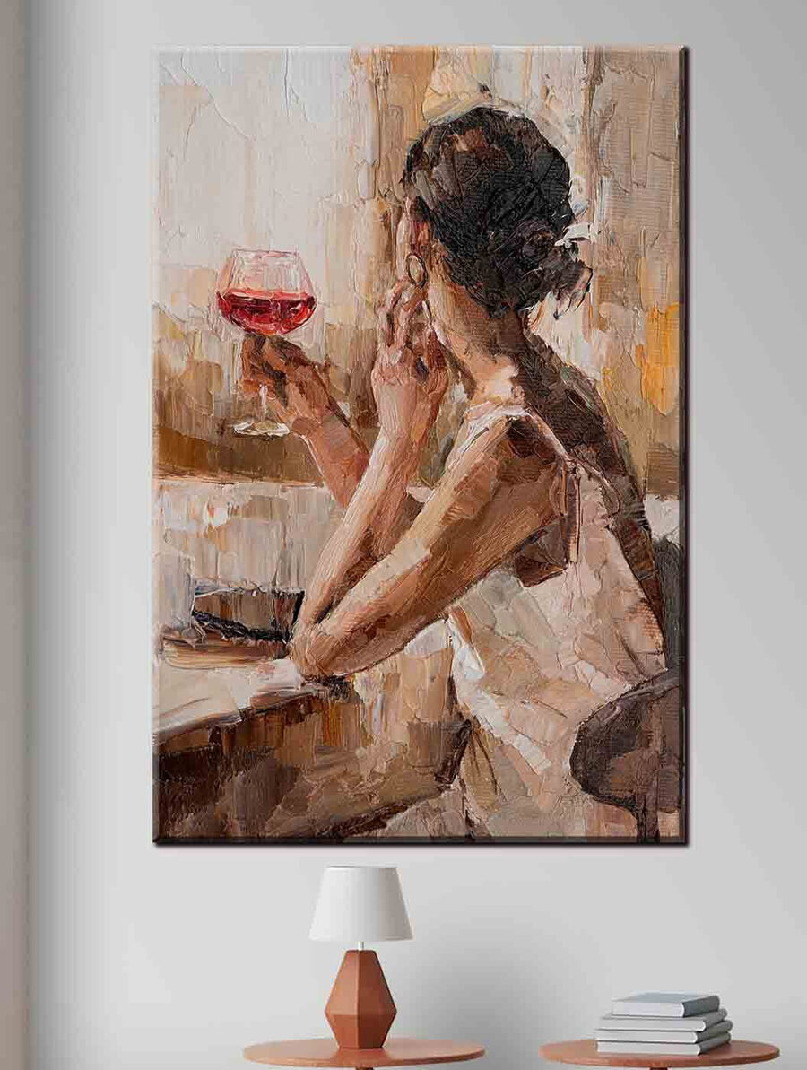 Peinture d'une femme tenant un verre de vin