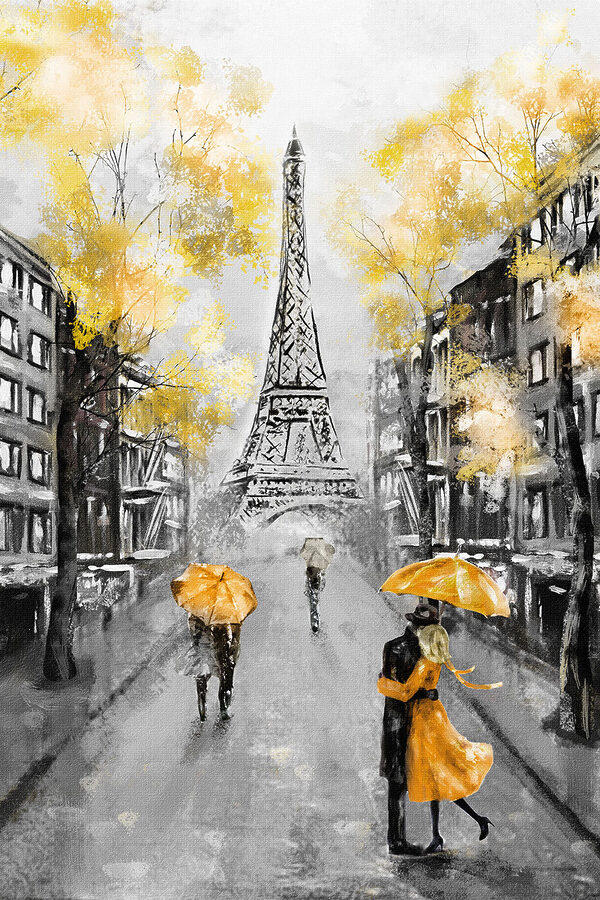 Peinture d'une rue avec des personnes marchant sous un parapluie Peinture d'une rue avec des personnes marchant sous un parapluie