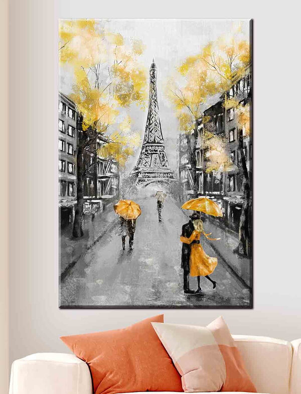 Peinture d'une rue avec des personnes marchant sous un parapluie Peinture d'une rue avec des personnes marchant sous un parapluie