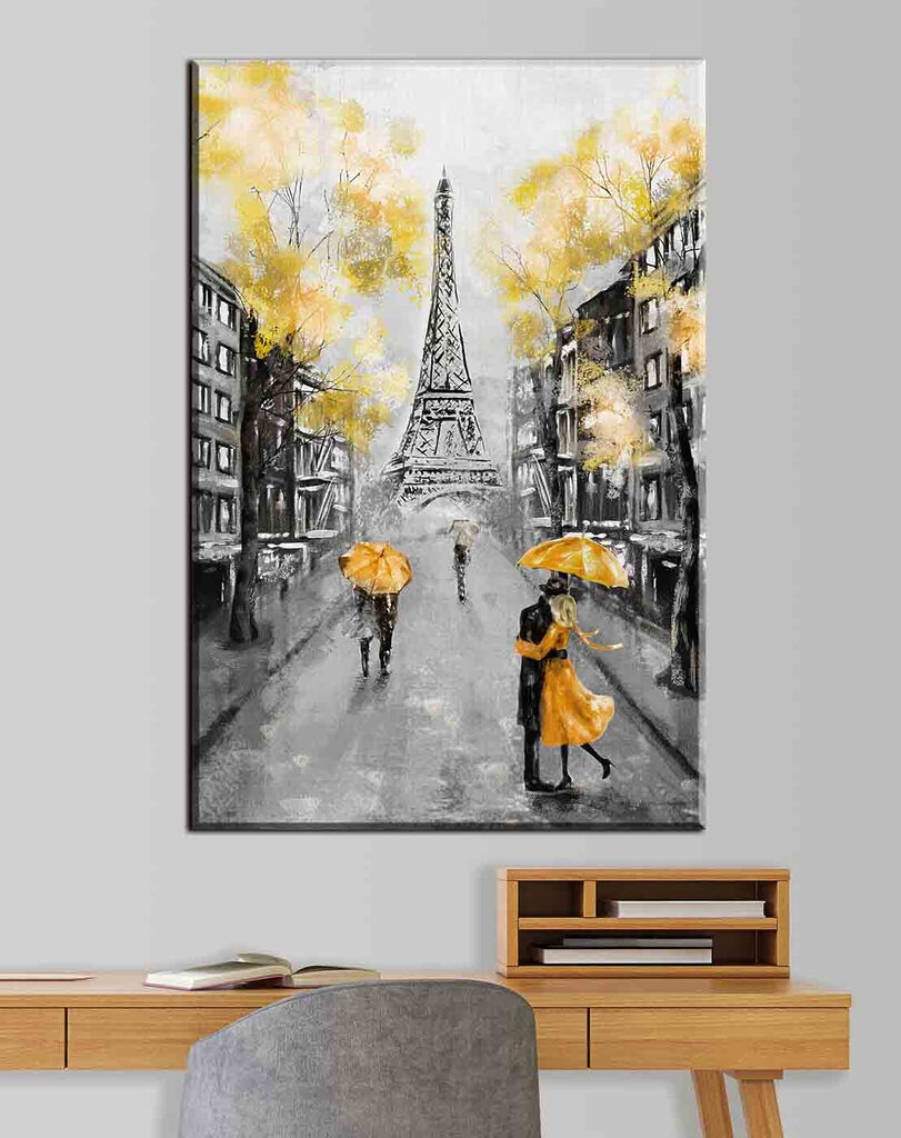 A painting of a street with people walking under an umbrella