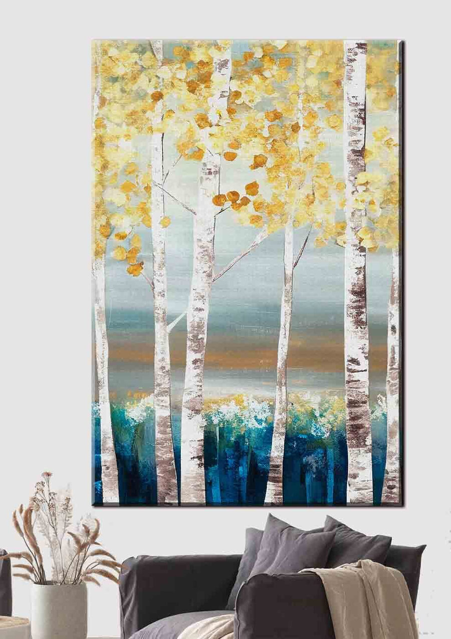 Une peinture d'arbres aux feuilles jaunes Une peinture d'arbres aux feuilles jaunes