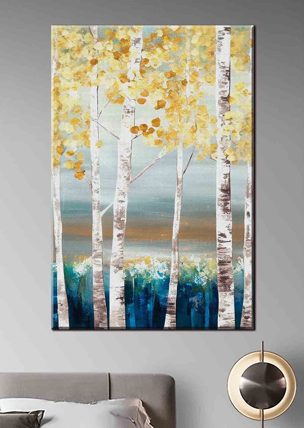 Une peinture d'arbres aux feuilles jaunes Une peinture d'arbres aux feuilles jaunes