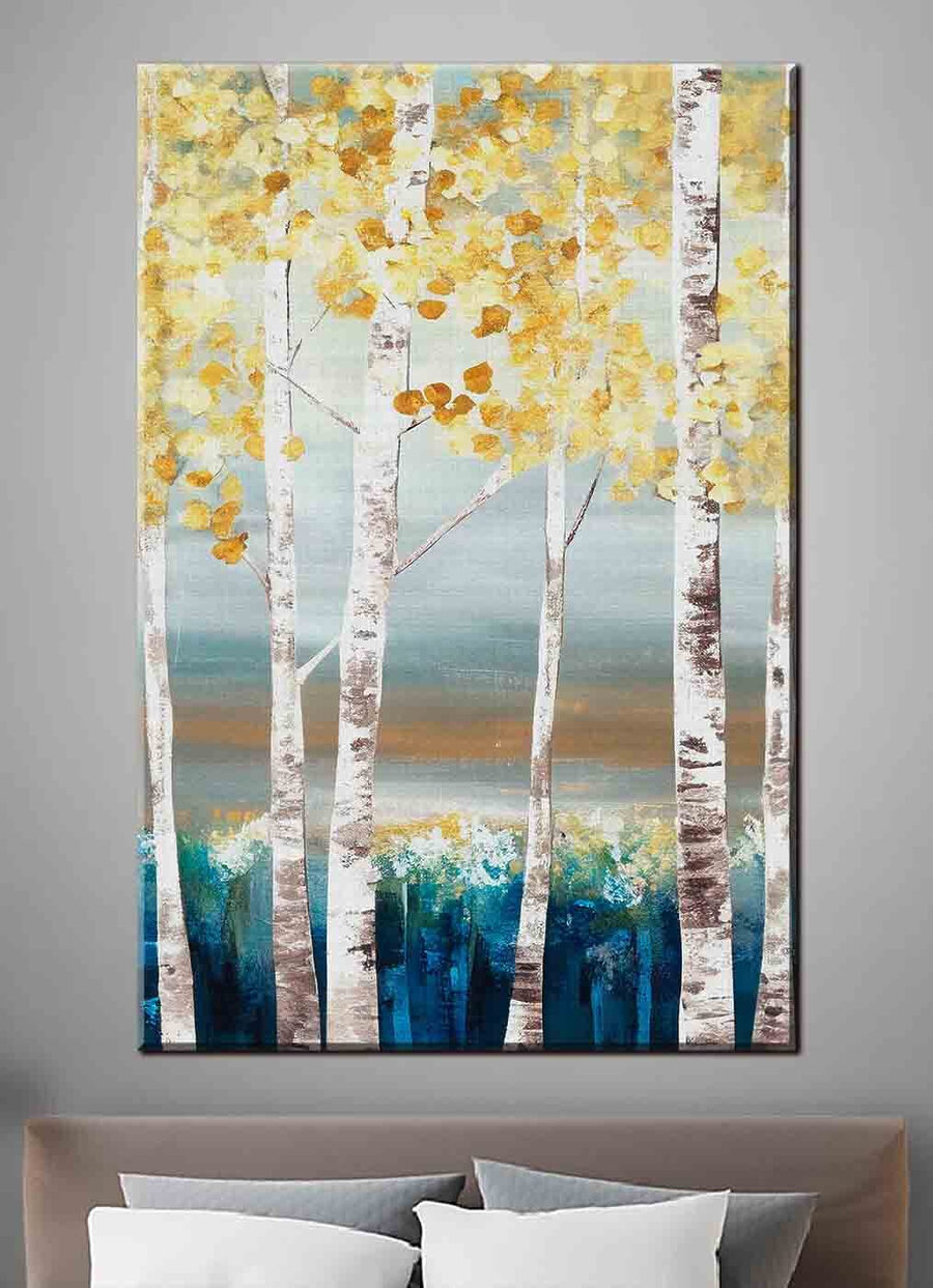 Une peinture d'arbres aux feuilles jaunes Une peinture d'arbres aux feuilles jaunes