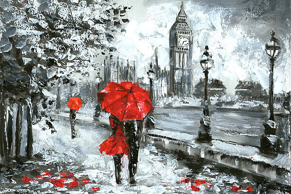 A painting of a couple holding umbrellas in a snowy city A painting of a couple holding umbrellas in a snowy city