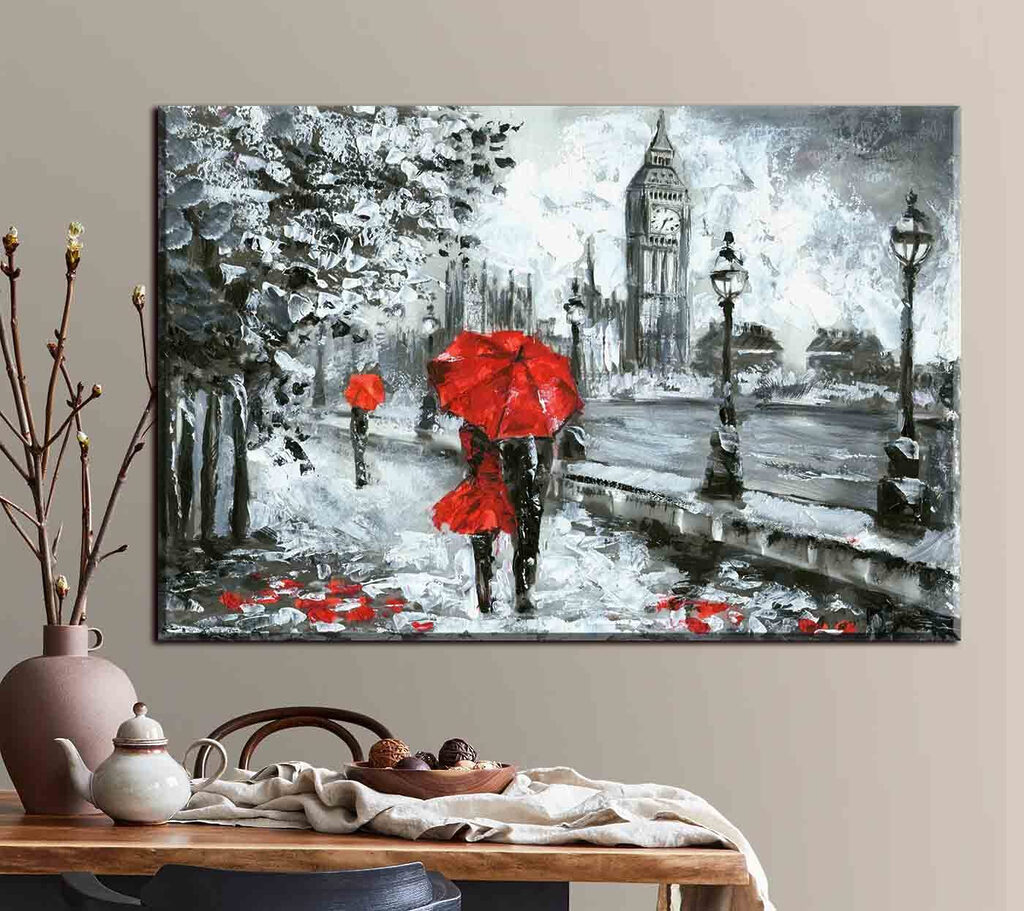 A painting of a couple holding umbrellas in a snowy city A painting of a couple holding umbrellas in a snowy city