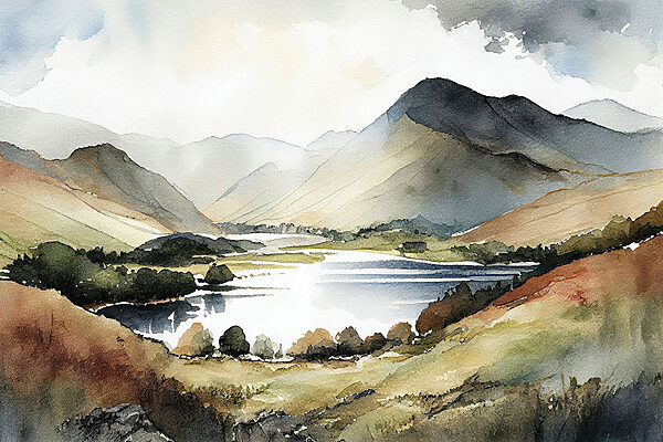 Aquarelle d'un lac entouré de montagnes Aquarelle d'un lac entouré de montagnes