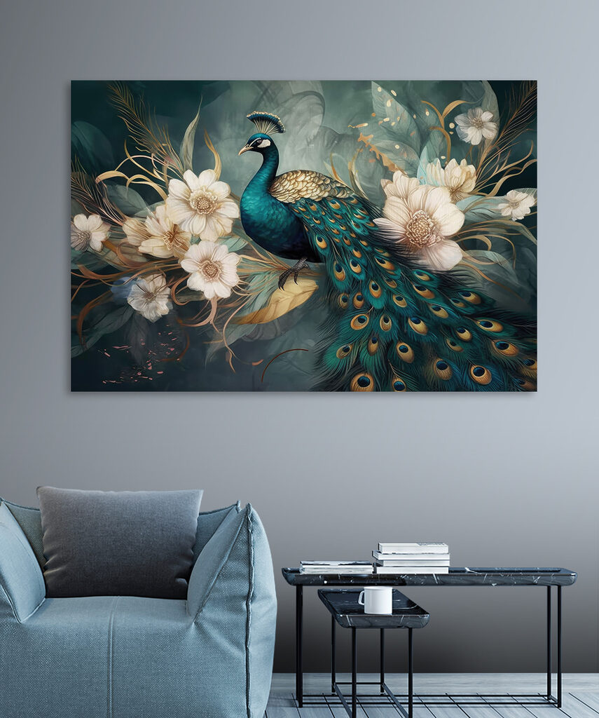Paon assis sur une branche avec des fleurs s34866pig7m 855x1024 - Paon assis sur une branche avec des fleurs