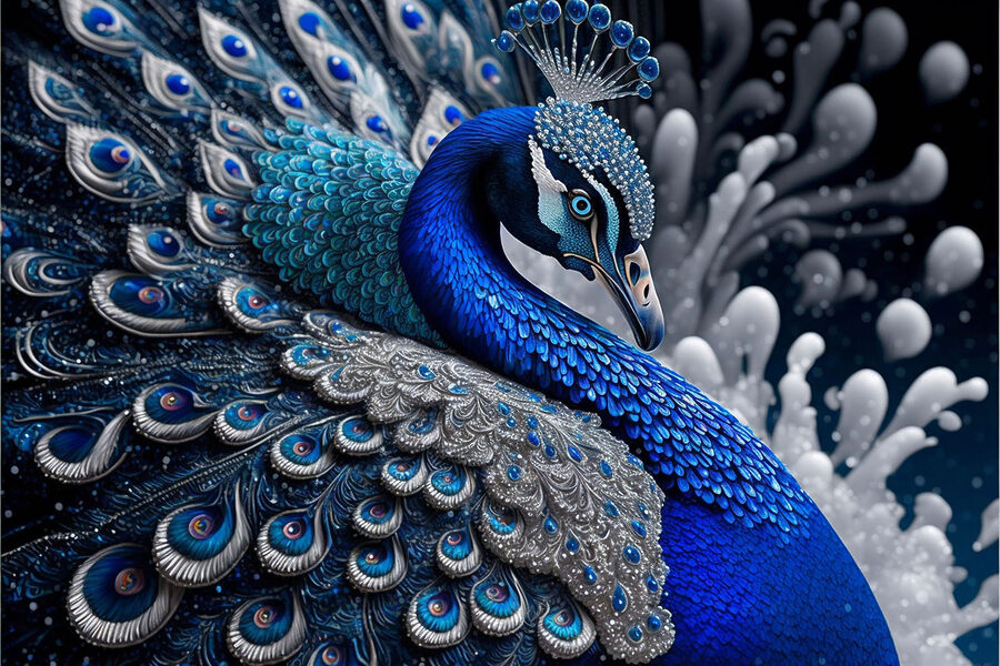 Un paon bleu et argent