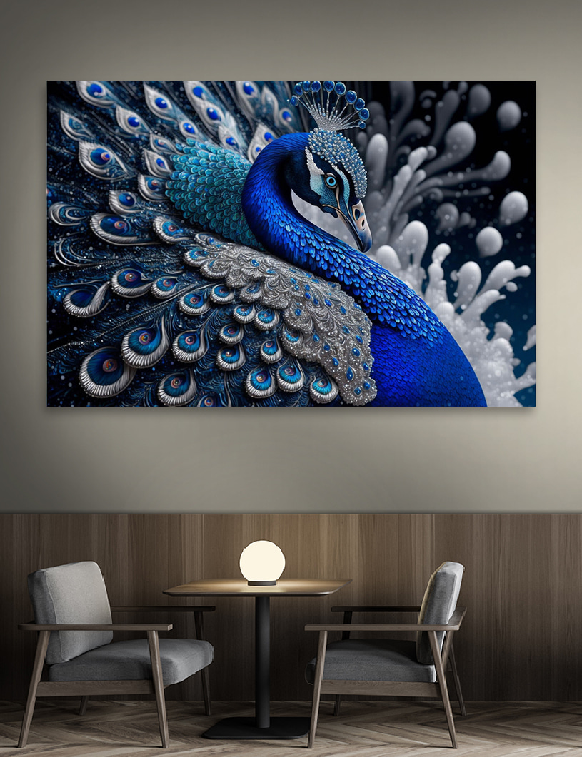 Un paon bleu et argent