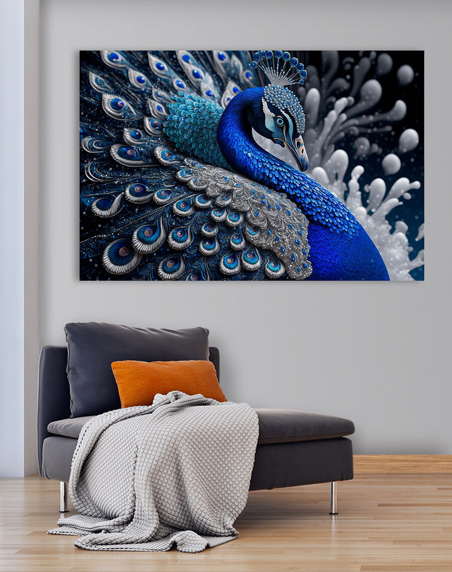 Un paon bleu et argent