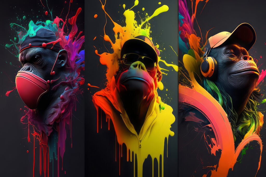A collage of images of a monkey with colorful paint splashes A collage of images of a monkey with colorful paint splashes