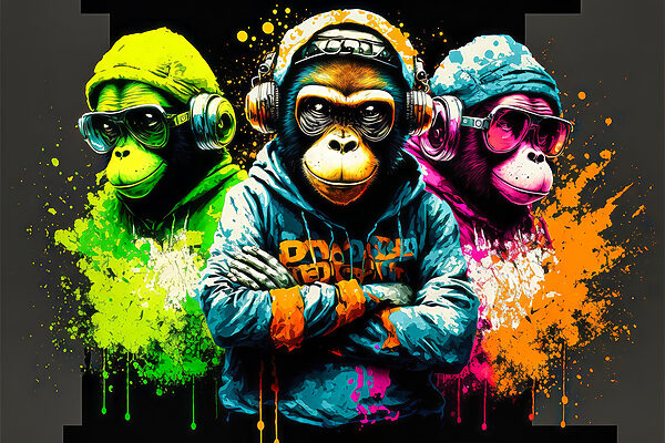 A group of monkeys wearing headphones and hoodies A group of monkeys wearing headphones and hoodies