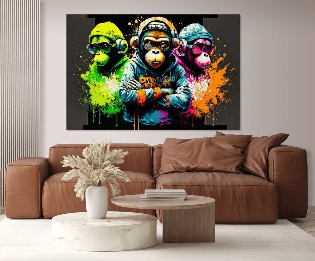 A group of monkeys wearing headphones and hoodies A group of monkeys wearing headphones and hoodies