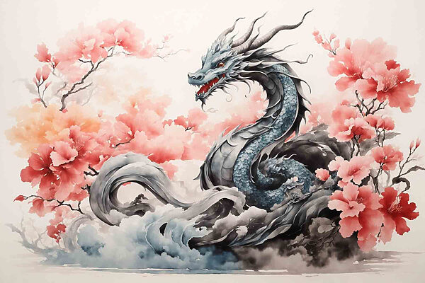 Un dragon avec des fleurs roses Un dragon avec des fleurs roses