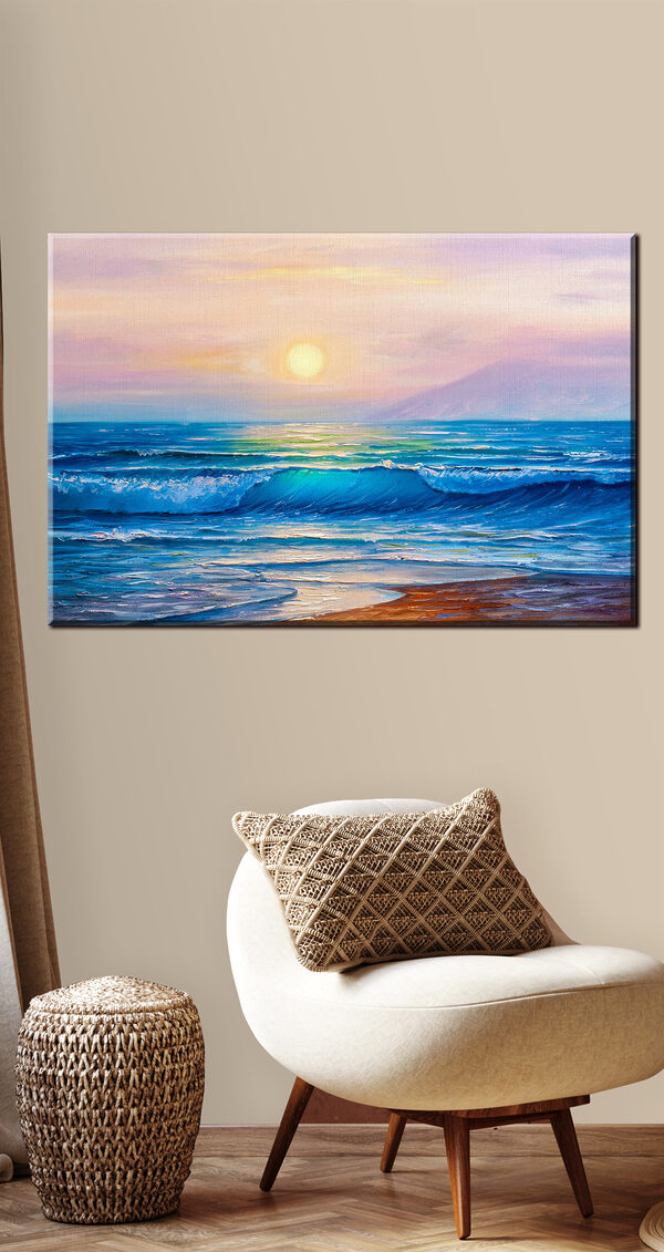 Peinture d'une plage avec des vagues et un coucher de soleil Peinture d'une plage avec des vagues et un coucher de soleil