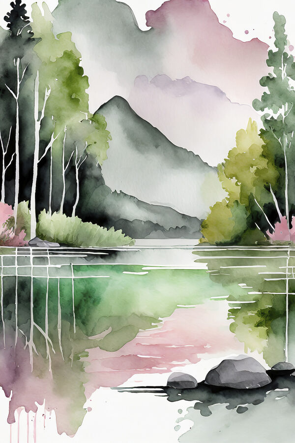 Aquarelle d'un lac avec des arbres et des montagnes en arrière-plan Aquarelle d'un lac avec des arbres et des montagnes en arrière-plan