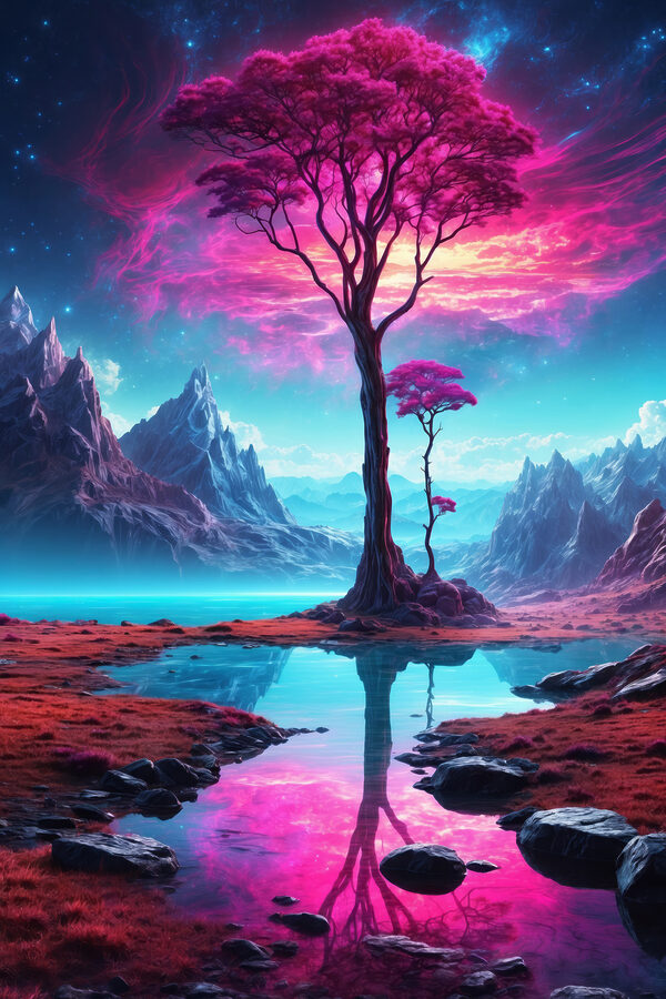 Un paysage avec un arbre et des montagnes Un paysage avec un arbre et des montagnes
