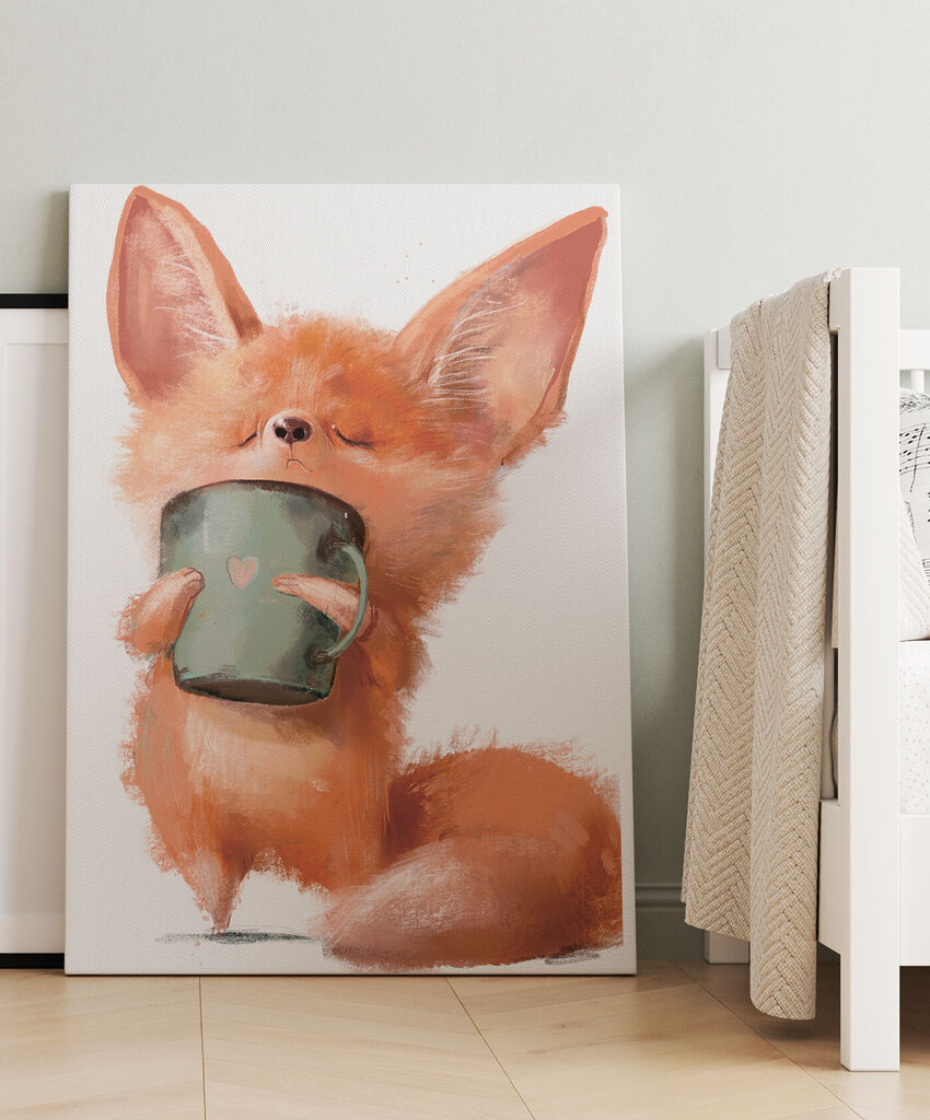 A fox holding a mug