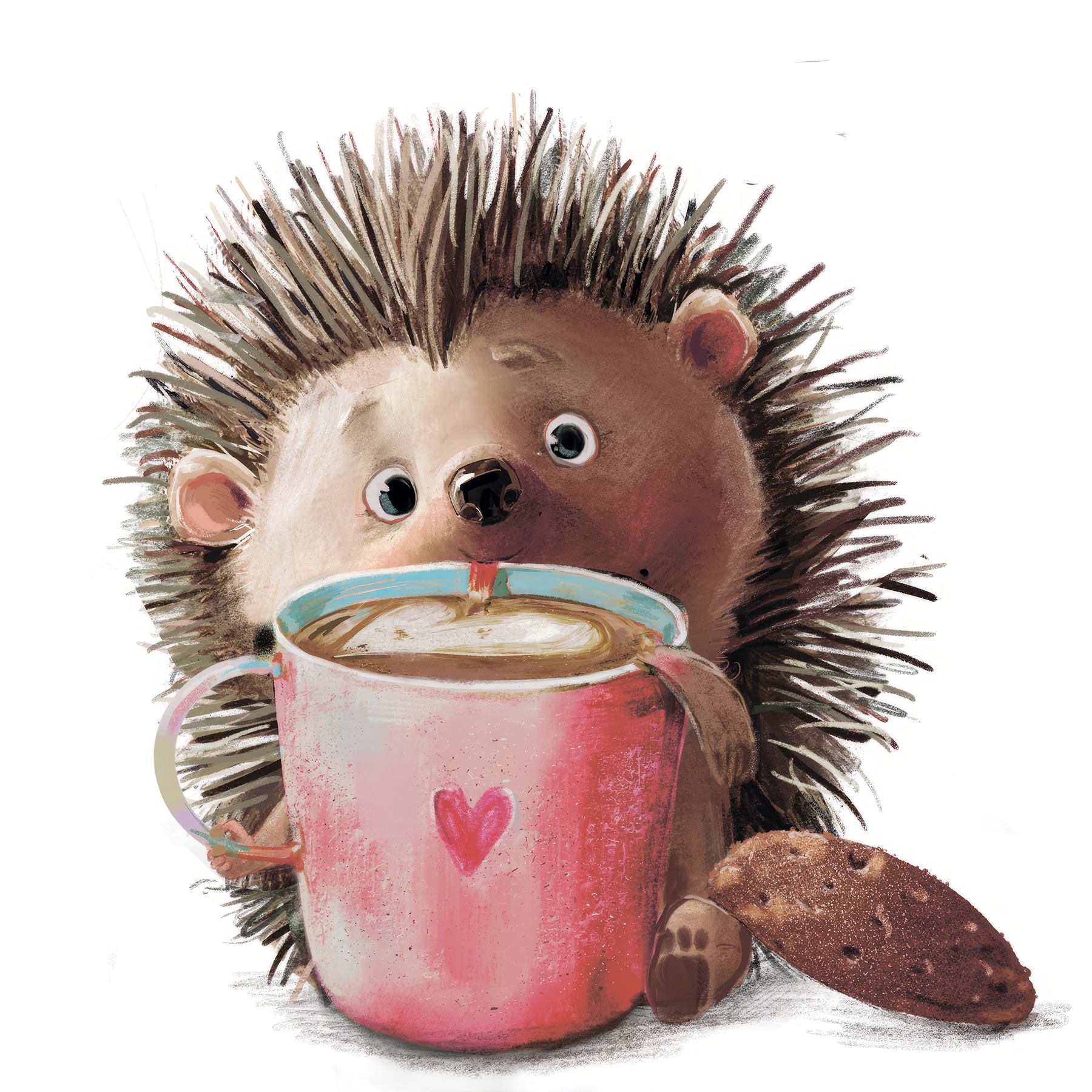A hedgehog holding a cup of coffee