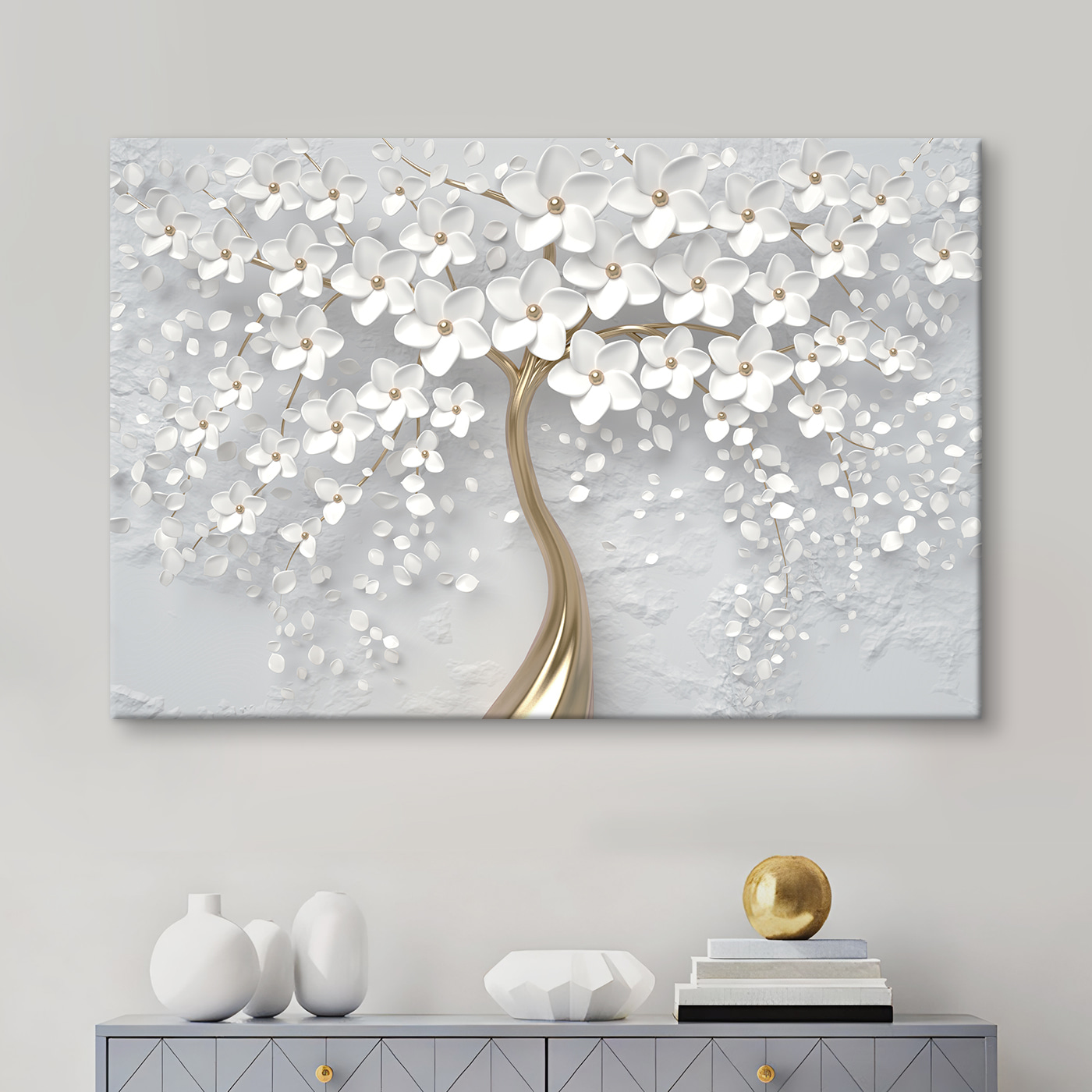 A tree with white flowers and leaves