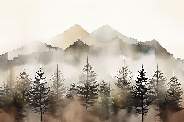 A foggy mountain range with trees A foggy mountain range with trees