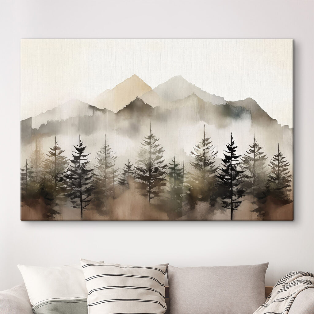 A foggy mountain range with trees A foggy mountain range with trees