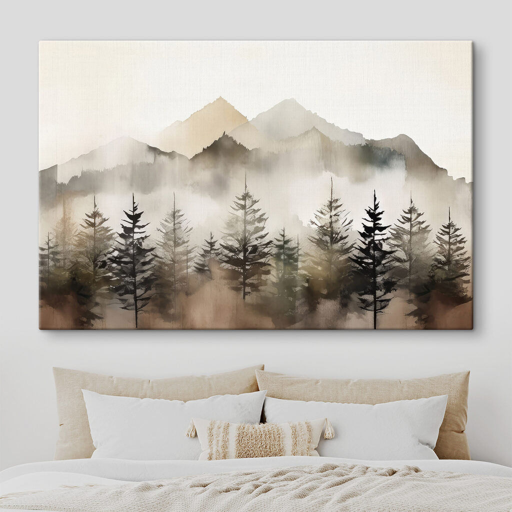 A foggy mountain range with trees A foggy mountain range with trees