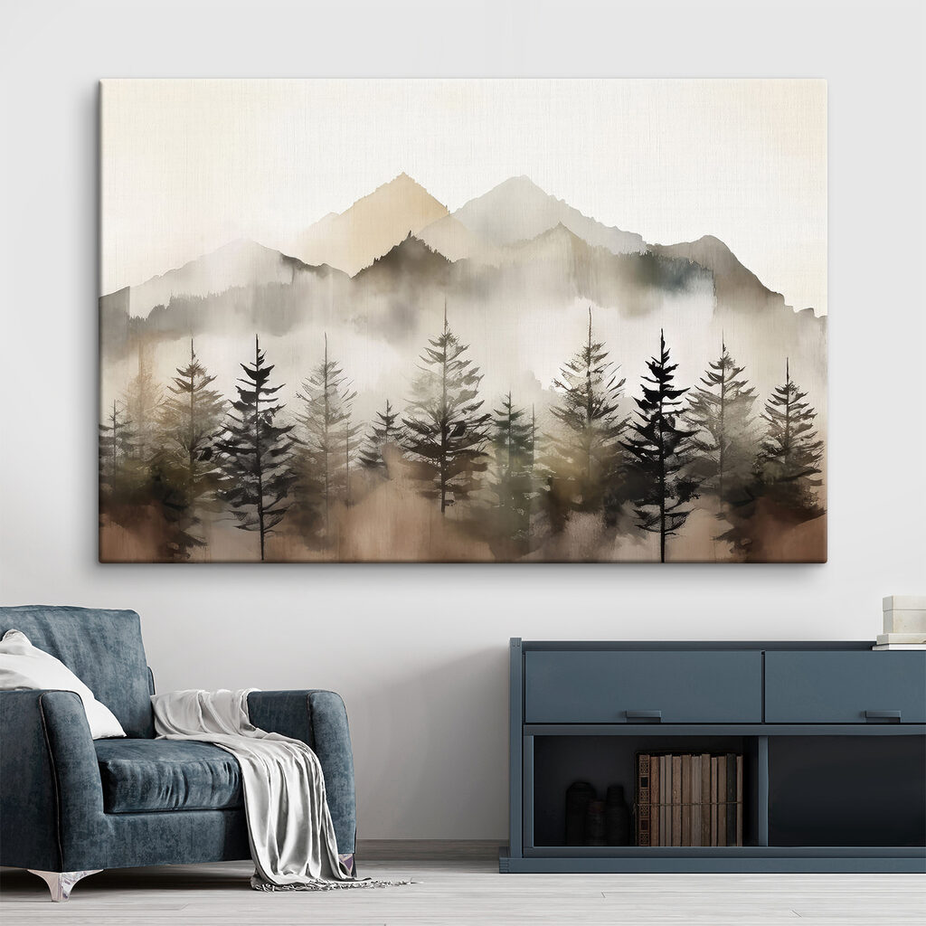 A foggy mountain range with trees A foggy mountain range with trees