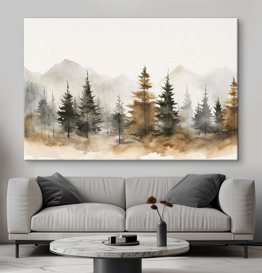 Aquarelle d'arbres et de montagnes