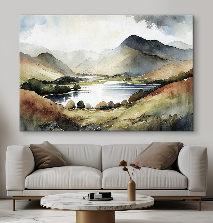 Aquarelle d'un lac entouré de montagnes