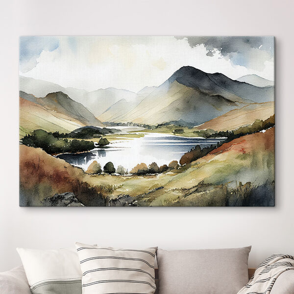 Aquarelle d'un lac entouré de montagnes Aquarelle d'un lac entouré de montagnes