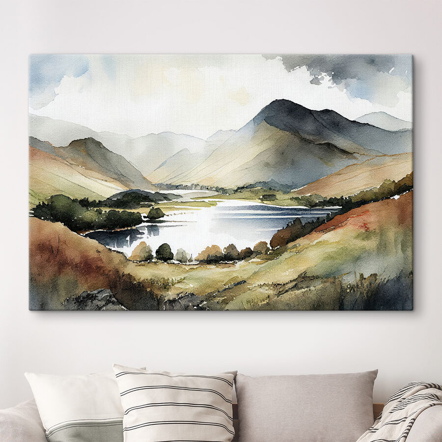 Aquarelle d'un lac entouré de montagnes
