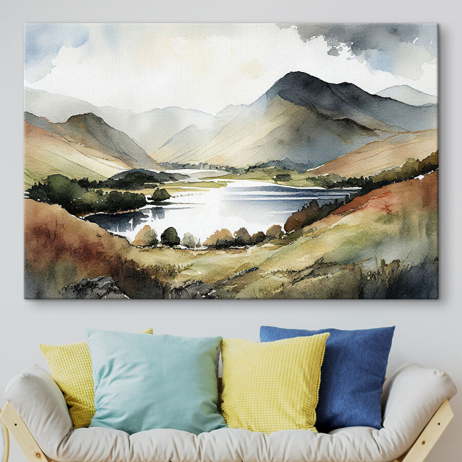 Aquarelle d'un lac entouré de montagnes